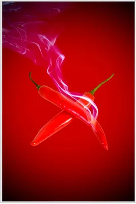 Produktbild von Wallario Wandbild Rauchende Chili-Schoten im Duo vor rotem Hintergrund, Größe: 61 x 91,50 cm, Poster mit weißem Aluminiumrahmen