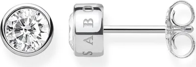 A pair of silver stud earrings with clear stones, shown from the front and side.