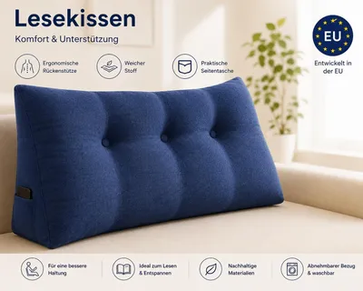 Produktbild von Rückenkissen, Keilkissen für Bett und Sofa, 100cm breit, Lendenkissen, Lesekissen, Blau, abnehmbar und waschbar
