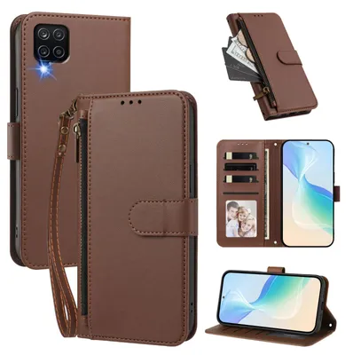 Image de Étui portefeuille pour Samsung Galaxy A12, en cuir PU, avec compartiments pour cartes, support et dragonne. Couleur : marron
