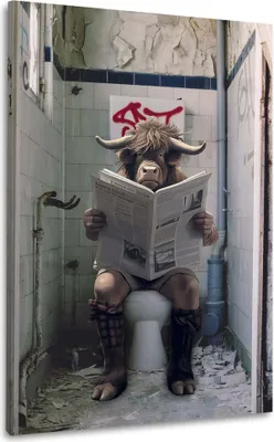 Produktbild von Wandbild Leinwandbild Kunstdruck XXL Wanddeko Stier auf Toilette: 100x150x4cm