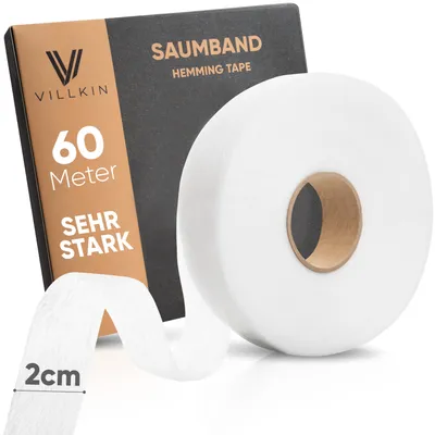 A roll of white hemming tape is shown next to its packaging, with measurements indicated.