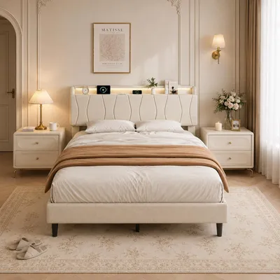 Image de Lit rembourré INONEFT, 160x200 cm, avec éclairage LED, ports Type-C et USB, lit double avec espace de rangement dans la tête de lit, lit pour adolescents avec sommier à lattes, couleur beige, Image générée par une IA