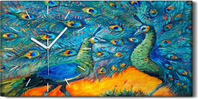 Produktbild von Wandbild Leinwand Bilder mit Uhr 60x30 Malerei Tiere Vögel Pfauen Kunst - weiße Hände