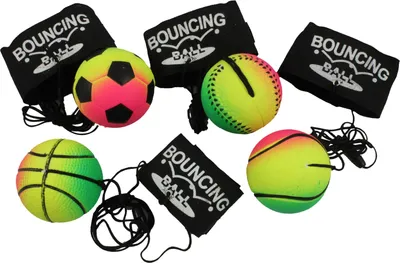 Produktbild von 4er Set Neon-Springball/Returnball/Flummi, Armband & Schnur, Safety Clip, Fußball/Basketball/Tennisball/Baseball Ø6,3cm