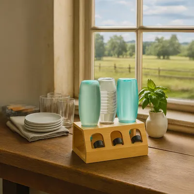 Produktbild von Relaxdays Flaschenhalter kompatibel mit Sodastream-Flaschen, Bambus, mit Abtropfschale, 3er Flaschenständer, natur