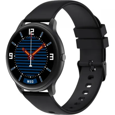 A black smartwatch with a round face and a black strap is shown against a white background.