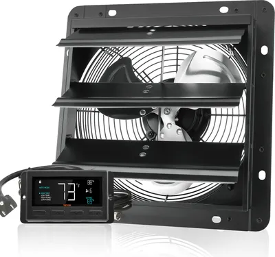 A black exhaust fan with a digital controller is shown against a white background.