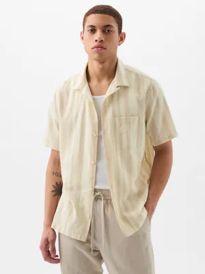 Produktbild von GAP gestreiftes Kurzarm Hemd aus Leinen-Baumwoll-Mix in Beige, gerader Schnitt, XS