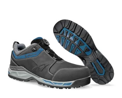 A pair of black and blue safety shoes shown from a side and bottom view against a white background.