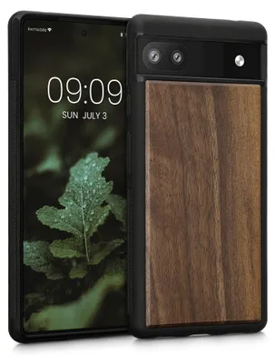 Produktbild von kwmobile Handyhülle für Google Pixel 6a Hülle Holz - Case mit TPU Bumper - Stoßfestes Hardcase - Schutzhülle Cover in Dunkelbraun