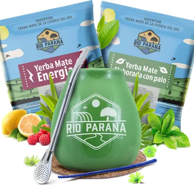 Immagine prodotto di Rio Paraná - Set da tè mate "Proba Elaborada", guaranà 2x 50 g – Tazza da mate in Vetroceramica verde 330 ml con bombilla - Yerba argentina - Invecchiata almeno 1 anno