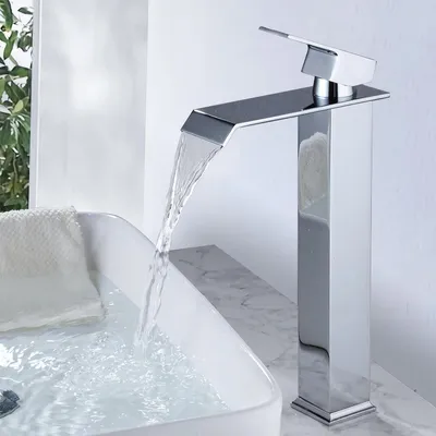 Zdjęcie produktu dla Bateria umywalkowa typu "waterfall", jednouchwytowa, wykonana ze stali nierdzewnej, mosiądzu, chromowana, oszczędzająca wodę, do podłączenia do ciepłej i zimnej wody