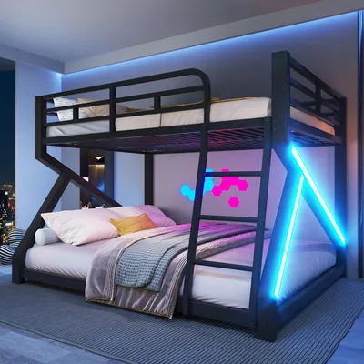 Obrázok produktu pre Poschodová posteľ 140x200/160x200 cm, kovová posteľ s LED osvetlením, bezpečnostným zábradlím a rebríkom, priestorovo úsporná poschodová posteľ pre deti, čierna