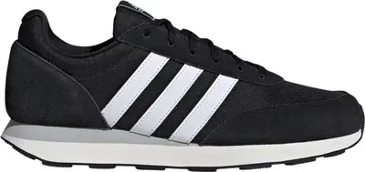 A black Adidas sports shoe with white stripes is shown against a white background.