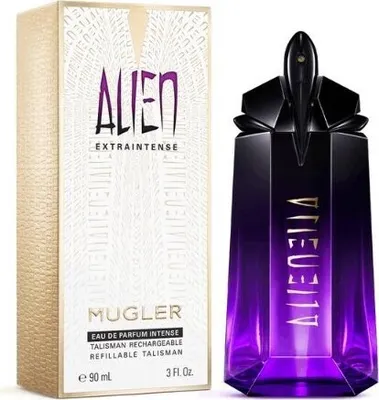 A perfume bottle and its packaging are displayed side-by-side against a white background.
