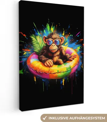 Produktbild von MuchoWow® - Leinwandbilder - Graffiti - Sommer - Affe - Tier, Wandbild, Wanddeko Bilder Wohnzimmer, 60x90cm
