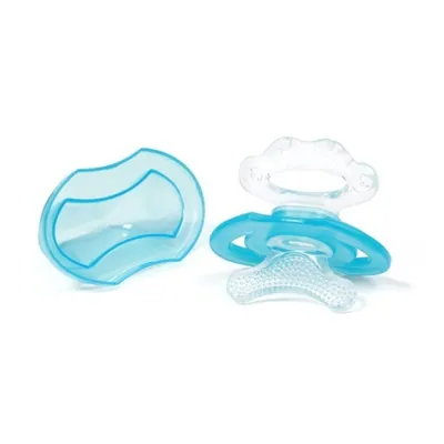 A blue silicone pacifier-shaped teether and its blue protective case are displayed on a white background.