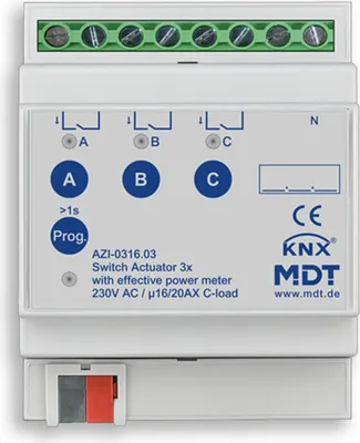 Produktbild von MDT Schaltaktor 3-fach, 4TE, REG, 16/20 A, 230V AC, mit Wirkleistungszähler, 1 Stk.