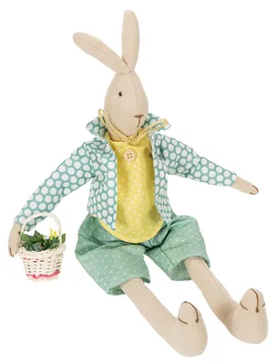 Produktbild von Osterhase aus Stoff mit Kleidung, Frühlingsdeko Hasenfigur, Kantensitzer H46cm