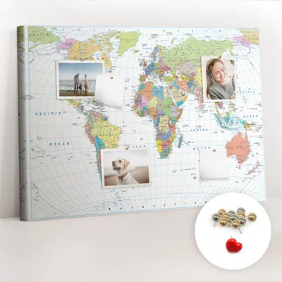 Obrázek produktu pro Korková nástěnka s kolíčky - Tabule s kolíky pro fotografie a poznámky - 100x70 cm - Připínáčky kovové 100 kusů - Politická mapa světa