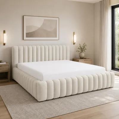 Produktbild von Home Collective Polsterbett Doppelbett | Mit Stauraum & Metall-Lattenrost | Weicher Bouclé-Stoff mit moderner Steppung 180x200 cm in Creme, KI-generiertes Bild