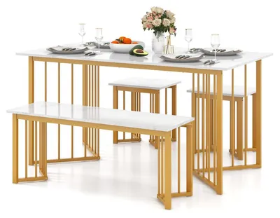 Produktbild von Esstisch Set 4-teilig mit 2 Hockern & Bank, Marmoroptik, Metallgestell, für 4 Personen