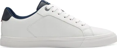 A side view of a white sneaker with navy accents.