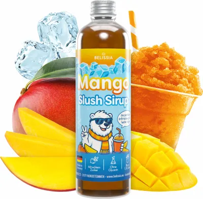 Produktbild von Belissia Slush Eis Sirup 250ml Konzentrat - Mango - sehr ergiebig in knalligen Farben (1:5) für bis zu 1,5 Liter - Glycerin frei – für Slush-Eis