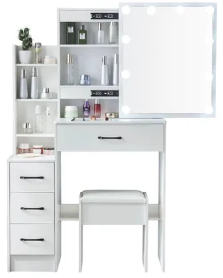 Productafbeelding van Make-up tafel set - Make-up tafel met spiegel - Hollywood spiegel met LED-verlichting - 4 lades - Open opbergruimte - 3 lichtstanden - Beklede kruk - Wit