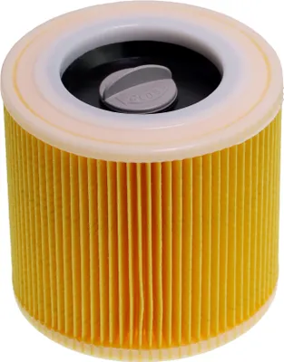 A close-up studio shot of a cylindrical air filter with yellow pleated material and a gray cap on top.