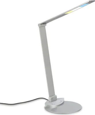 A silver LED desk lamp is shown against a white background.