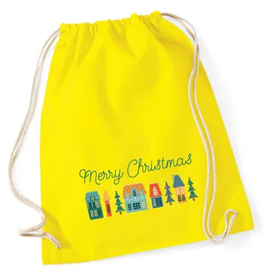 Produktbild von Huuraa Turnbeutel Merry Christmas Weihnachtsdorf 12 Liter Yellow Baumwolle Rucksack Geschenkidee