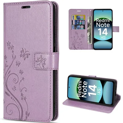 Image de Coque pour Xiaomi Redmi Note 14 4G, Protection Antichoc Cuir Synthétique Motif Relief Papillon Violet