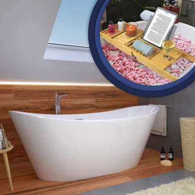 Produktbild von BADLAND Freistehende Badewanne Rossa 170x80 Acryl mit Badewannenablage Badewannentablet Bambus Holzablage & Ablauf VIEGA Klick-Klack GRATIS!
