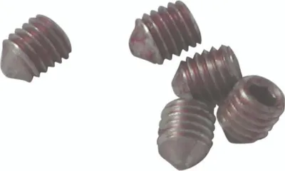 A group of five screws on a white background.