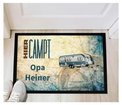 Produktbild von Personalisierte Camping Fußmatte – für Wohnmobil oder Wohnwagen – mit Wunschtext – 2 Größen – rutschfest und waschbar – für den Eingangsbereich