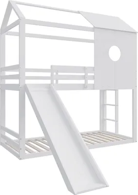 Produktbild von Luxe Hochbett Valora für Kinder – 90x200cm – Etagenbett mit Dach, Rutsche und Eckleiter – Sicherheitsgeländer & Spielbereich