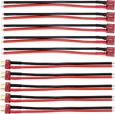 Immagine prodotto di Set di 5 coppie di connettori Deans T-Plug (maschio e femmina) con cavi in silicone da 14AWG (165 mm). Ideale per batterie LiPo, droni RC, auto