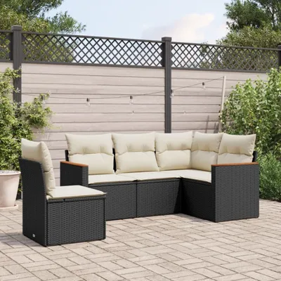 Produktbild von Design 5-tlg. Garten-Sofagarnitur mit Kissen Schwarz Poly Rattan, Gartenmöbel-Sets 2024 Neu