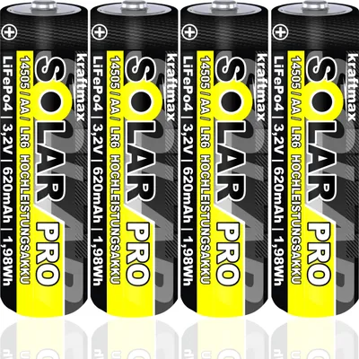 Produktbild von 4 er Pack SOLAR pro Mignon AA Akkus - wiederaufladbare Batterien - 3,2V / 1,92Wh / 14505 - LiFePo4 Hochleistungs- Akku Batterie speziell für Solarlampen | Solar Lichterkette | Solarleuchte | Leuchte