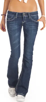 Produktbild von BE STYLED Damen Boot Cut Hüftjeans Stretch Schlaghose mit dicken Nähten, 40 / L
