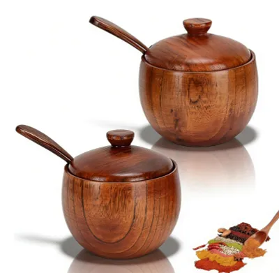 2er Set Holz-Gewürzbehälter mit Deckel und Löffel, japanisch