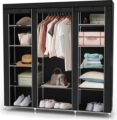 Produktbild von Intirilife Faltschrank 150x175x45 cm in RABEN SCHWARZ - mit Reißverschluss Stoffschrank Kleiderschrank mit Kleiderstange, Fächern und Seitentasche - Camping Steckschrank Textil Garderobe