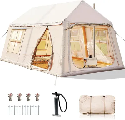 Produktbild von Meulbaty Aufblasbares Zelt mit Luftpumpe & Kaminöffnung – 400x270x200 cm, für 8–10 Personen, wetterfest & UV-Schutz