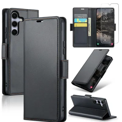 Produktbild von CLM-Tech Handyhülle + Panzerglas kompatibel mit Samsung Galaxy A17 5G Hülle - Tasche aus Kunstleder - Klapphülle mit Ständer und Kartenfächern - Schutzhülle Wallet Case Cover schwarz