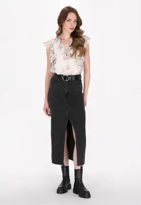 Produktbild von Lila Damen Bluse S mit V-Ausschnitt, floralem Print, Flügelärmeln und Perlen-Bindedetail