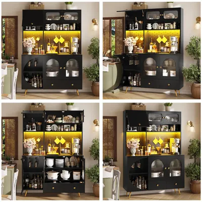 Produktbild von Modernes Sideboard mit LED-Beleuchtung Hoher Küchenschrank USB-Anschlüssen Steckdosen Aufbewahrungsschrank Lochwand Schublade Glasböden 120x40x176cm Schwarz