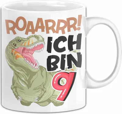 Produktbild von 9. Geburtstag Geschenk Tasse Becher Jungs Dino T-Rex Roaarrr Ich Bin 9 (Weiß)