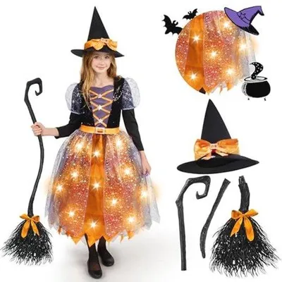 Productafbeelding van Oplichtende Heksenjurk voor Meisjes - Halloween Kostuum met Hoed en Bezem